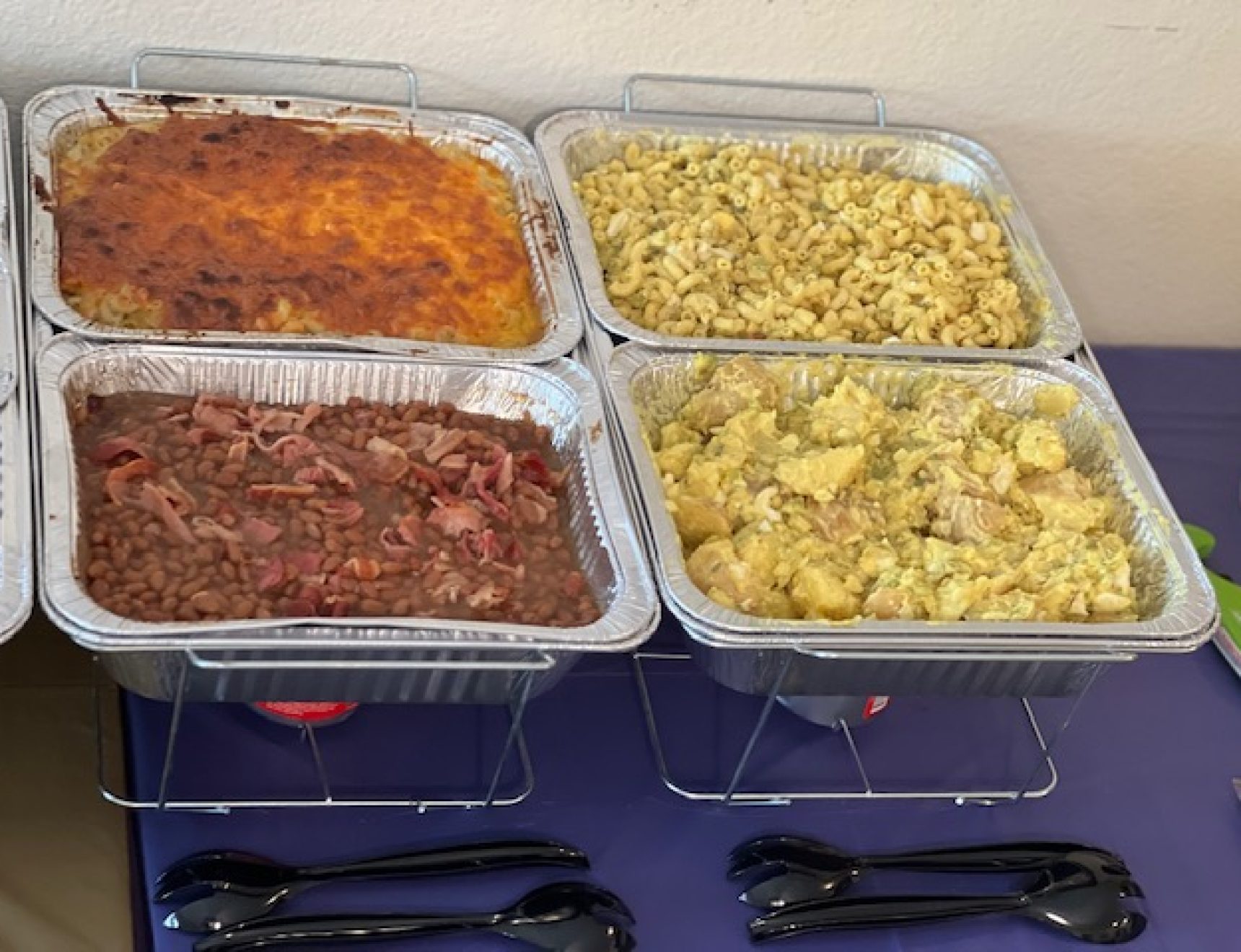 Baked Mac and Cheese, Sweet Pork and Beans, Macaroni Salad, Potato Salad
